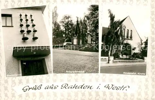 AK / Ansichtskarte Rahden_Westfalen Glockenspiel Kriegerdenkmal Neuapostol Kirche Rahden_Westfalen