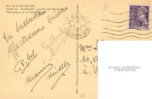 AK / Ansichtskarte La_Rochelle_Charente Maritime Depart du Coligny courrier de l Ile de Re La_Rochelle