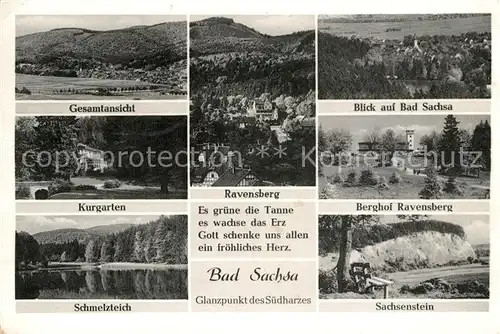 AK / Ansichtskarte Bad_Sachsa_Harz Ravensberg Berghof Sachsenstein Schmelzteich Kurgarten Bad_Sachsa_Harz
