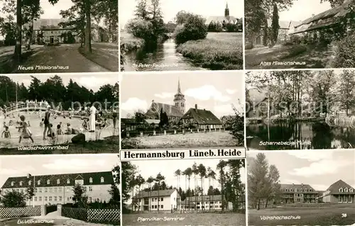 AK / Ansichtskarte Hermannsburg Neues Missionshaus Altes Missionshaus Waldschwimmbad Hermannsburg