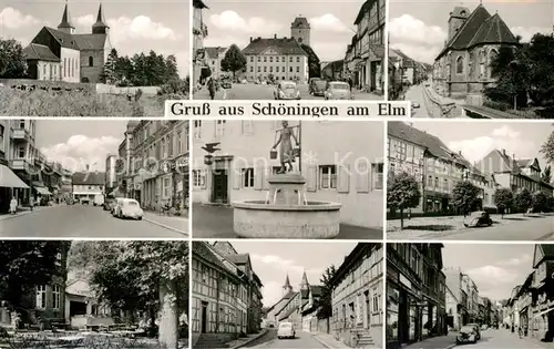 AK / Ansichtskarte Schoeningen Kirche Rathaus Brunnen Teilansichten Schoeningen