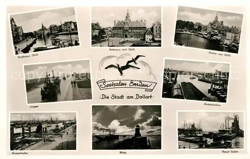 AK / Ansichtskarte Emden_Ostfriesland Rathaus Delft Partie am Delft Aussenhafen Mole Leuchtturm Neuer Hafen Logger Emden_Ostfriesland