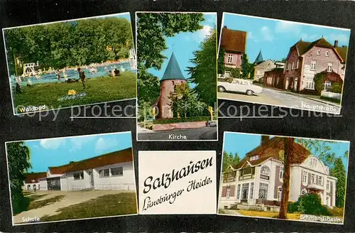 AK / Ansichtskarte Salzhausen_Lueneburger_Heide Waldbad Kirche Hauptstrasse Schule Erholungsheim Salzhausen_Lueneburger