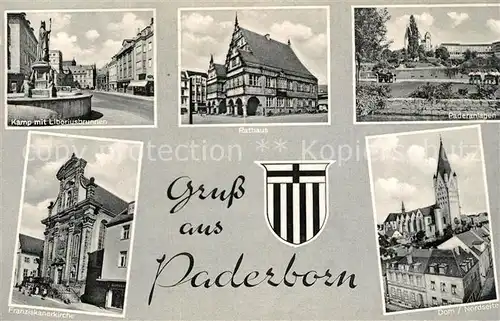 AK / Ansichtskarte Paderborn Kamp Liboriusbrunnen Rathaus Paderanlagen Dom Franziskanerkirche Wappen Paderborn