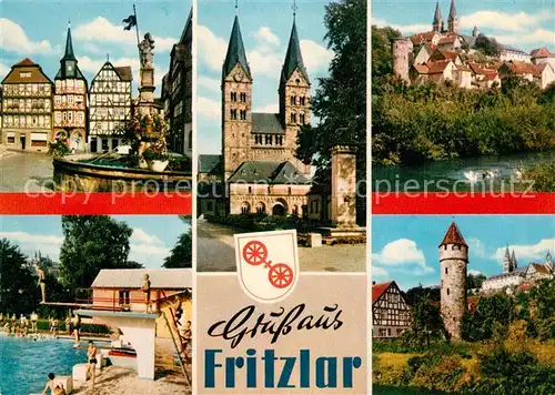AK / Ansichtskarte Fritzlar Brunnen Kirche Schloss Freibad Fritzlar