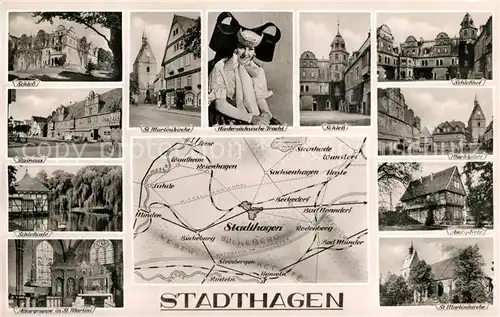 AK / Ansichtskarte Stadthagen Schloss Rathaus Schlosscafe Altargruppe in St Martini Schlosshof Marktplatz Amtspforte St Martinikirche Stadthagen