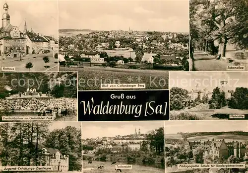 AK / Ansichtskarte Waldenburg_Sachsen Rathaus Panorama Eichenallee Freilichtbuehne Heilstaette Jugend Erholungs Zentrum Teilansicht Paed Schule Waldenburg Sachsen