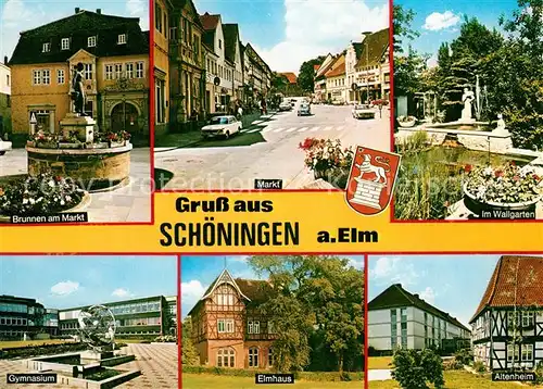 AK / Ansichtskarte Schoeningen Brunnen am Markt Wallgarten Gymnasium Elmhaus Altenheim Schoeningen
