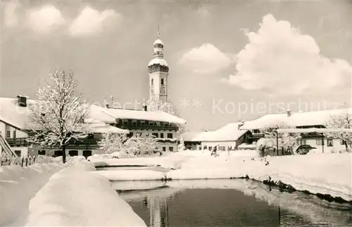 AK / Ansichtskarte Elbach_Miesbach Postgasthof Metzgerei Sonnenkaiser Kirchturm im Winter Elbach Miesbach