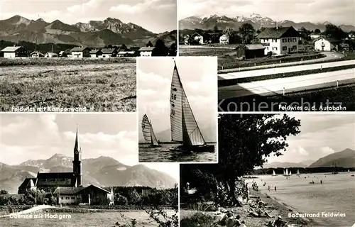 AK / Ansichtskarte Feldwies Teilansichten mit Kampenwand Motiv mit Kirche Segeln Badestrand Feldwies