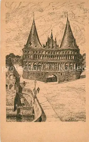 AK / Ansichtskarte Luebeck Holstentor Zeichnung Kuenstlerkarte Luebeck