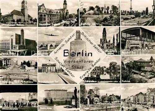 AK / Ansichtskarte Berlin Schoeneberger Rathaus Neukoellner Rathaus Engl Garten Sommergarten Titania Palast Flughafen Gedaechtniskirche Bahnhof Zoo Brandenburger Tor Frohnau Alexanderplatz Stalin Allee Tegel Muellerstrasse Berlin