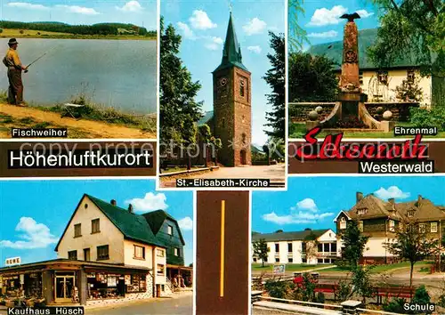 AK / Ansichtskarte Elkenroth Fischweiher St Elisabeth Kirche Ehrenmal Kaufhaus Huesch Schule Elkenroth