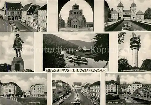 AK / Ansichtskarte Minden_Westfalen Rathaus Dom Schachtschleuse Standbild Gr Kurfuerst Bismarckturm Jacobsberg Marktplatz Weserbruecke Minden_Westfalen