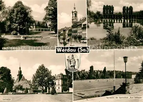 AK / Ansichtskarte Werdau_Sachsen Stadtpark An den Teichen Leninplatz Sportplatz der Sportschule Kurt Schlosser Werdau Sachsen