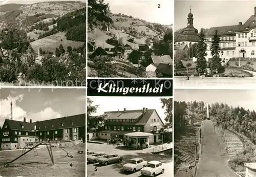 AK / Ansichtskarte Klingenthal_Vogtland Brunndoebra mit Aschberg Steindoebra Rathaus und Kirche Jugendherberge Sport Hotel Gr Aschbergschanze Klingenthal_Vogtland