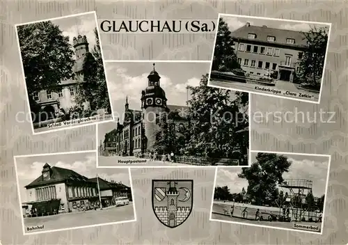 AK / Ansichtskarte Glauchau Schloss Vorderglauchau Hauptpostamt Kinderkrippe Clara Zetkin Bahnhof Sommerbad Glauchau