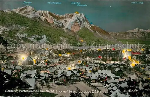 AK / Ansichtskarte Garmisch Partenkirchen bei Nacht Blick auf Zugspitzgruppe Wettersteingebirge Huber Karte Nr 4056 Garmisch Partenkirchen
