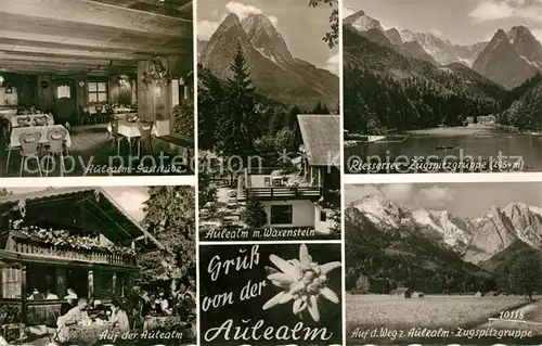 AK / Ansichtskarte Garmisch Partenkirchen Aulealm Gaststube Landschaftspanorama Riessersee Waxenstein Zugspitzgruppe Wettersteingebirge Garmisch Partenkirchen