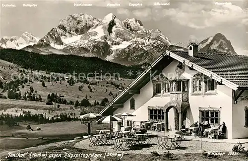 AK / Ansichtskarte Garmisch Partenkirchen Tonihof gegen Zugspitzgruppe Wettersteingebirge Huber Karte Nr 10531 Garmisch Partenkirchen