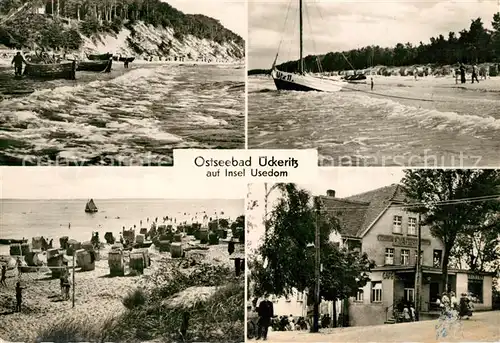 AK / Ansichtskarte ueckeritz_Usedom Strand Fischerboote Cafe Baeckerei ueckeritz Usedom