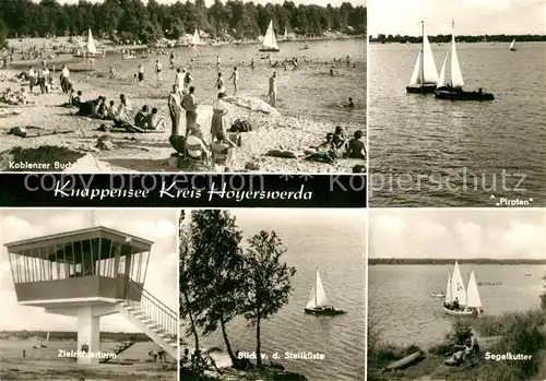 AK / Ansichtskarte Knappensee_Oberlausitz Koblenzer Bucht Segelboot Segelkutter Steilkueste Zielrichterturm Knappensee_Oberlausitz