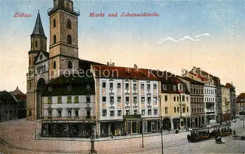 AK / Ansichtskarte Zittau Markt und Johanniskirche Strassenbahn Zittau