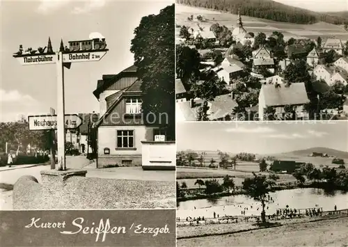 AK / Ansichtskarte Seiffen_Erzgebirge Natuerbuehe Bahnhof Wegweiser Panorama Schwimmbad Seiffen Erzgebirge