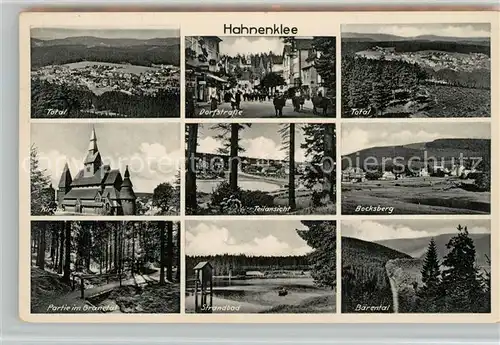 AK / Ansichtskarte Hahnenklee Bockswiese_Harz Dorfstrasse Bocksberg Baerental Kirche Granetal Hahnenklee Bockswiese