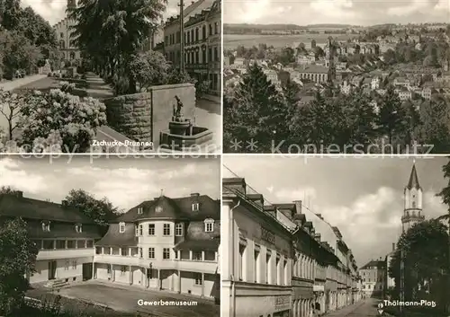 AK / Ansichtskarte Markneukirchen Zschucke Brunnen Gewerbemuseum Thaelmann Platz Stadtpanorama Markneukirchen