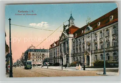 AK / Ansichtskarte Karlsruhe_Baden Postamt mit Kaiserstrasse Strassenbahn Karlsruhe_Baden
