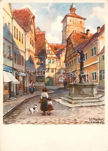 Markkleeberg Altstadt Brunnen W. Merker Kuenstlerkarte Serie Friedliches Land Nr. 216 Markkleeberg