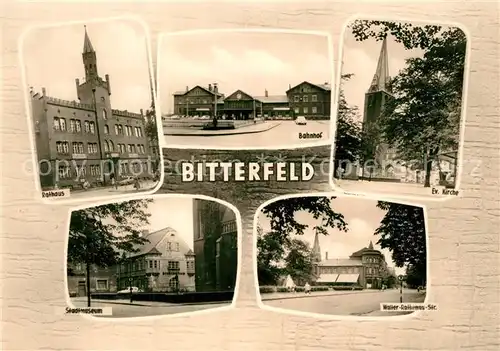 AK / Ansichtskarte Bitterfeld Bahnhof Rathaus Kirche Walter Rathenau Strasse Stadtmuseum Bitterfeld