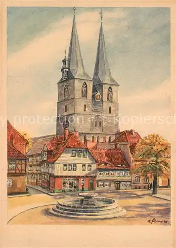 AK / Ansichtskarte Quedlinburg Mathildenbrunnen Nikolaikirche Kuenstlerkarte  Quedlinburg