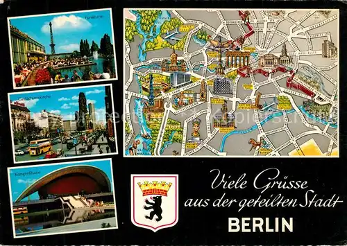 AK / Ansichtskarte Berlin Funkturm Gedaechtniskirche Kongresshalle Stadtplan mit Mauer Berlin