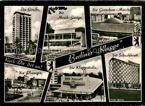 AK / Ansichtskarte Berlin Giraffe Musikgarage Groschen Moschee Plumpe Klappstulle Schachbrett Hotel Hilton Berlin