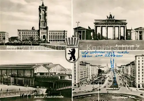 AK / Ansichtskarte Berlin Rathaus Brandenburger Tor Bahnhof Friedrichstrasse Strausberger Platz Berlin