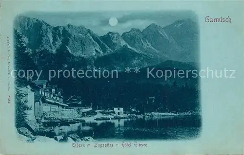 AK / Ansichtskarte Garmisch Partenkirchen Eibsee mit Zugspitze und Hotel Eibsee mit Vollmond Garmisch Partenkirchen