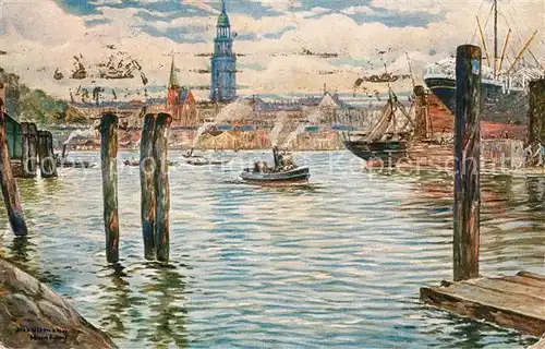AK / Ansichtskarte Hamburg vom Steinw?rder mit Reiherstiegwerft und Michaelisturm K?nstlerkarte Hamburg