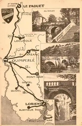 AK / Ansichtskarte Le_Faouet_Cotes d_Armor Landkarte bis Lorient Bruecke Kapelle Le_Faouet_Cotes d_Armor