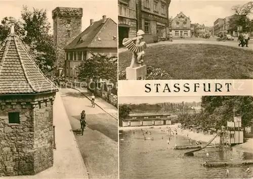 AK / Ansichtskarte Stassfurt Turmgasse mit Eulenturm August Bebel Strasse Strandsolbad Stassfurt