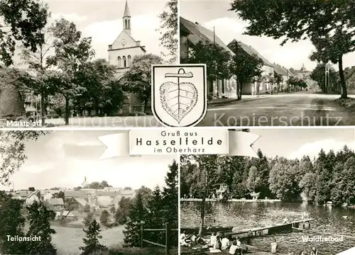 AK / Ansichtskarte Hasselfelde Marktplatz Waldfreibad  Hasselfelde