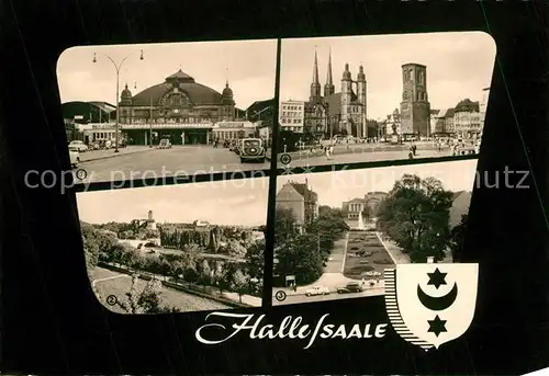 AK / Ansichtskarte Halle_Saale Marktplatz Hauptbahnhof Burg Giebichenstein Theater Halle_Saale
