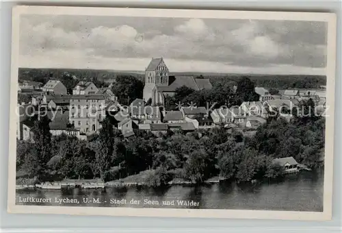 AK / Ansichtskarte Lychen Fliegeraufnahme Seepartie Kirche Lychen