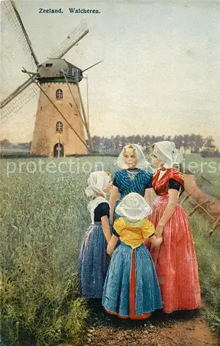 AK / Ansichtskarte Walcheren Junge Maedchen in Trachten Windmuehle Walcheren