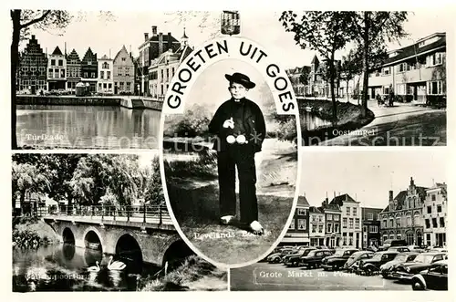 AK / Ansichtskarte Goes_Netherlands Turfkade Oostsingel Grote Markt Postkantoor Brug Bevelands Boertje Goes_Netherlands