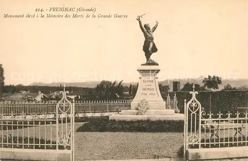 AK / Ansichtskarte Preignac Monument eleve a la Memoire des Morts de la Grande Guerre Preignac