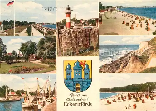 AK / Ansichtskarte Eckernfoerde Strand Hafen Leuchtturm Wappen Eckernfoerde