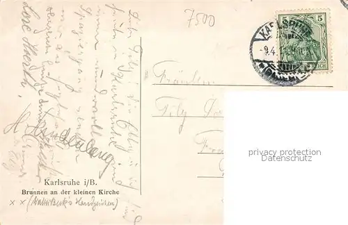 AK / Ansichtskarte Karlsruhe_Baden Brunnen an der kleinen Kirche Karlsruhe_Baden