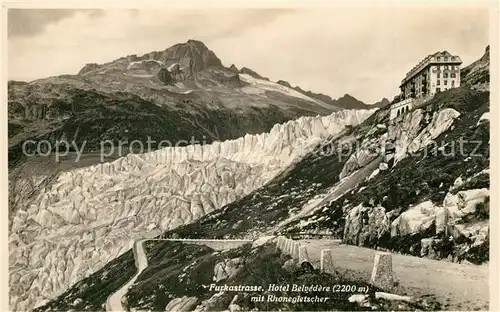 AK / Ansichtskarte Furkastrasse Hotel Belvedere mit Rhonegletscher Furkastrasse